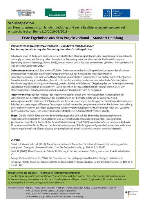 Schulinspektion als Steuerungsimpuls zur Schulentwicklung und seine Realisierungsbedingungen auf einzelschulischer Ebene - Standort Hamburg