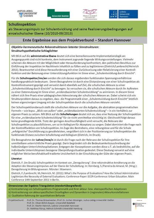 Schulinspektion als Steuerungsimpuls zur Schulentwicklung und seine Realisierungsbedingungen auf einzelschulischer Ebene - Standort Hannover